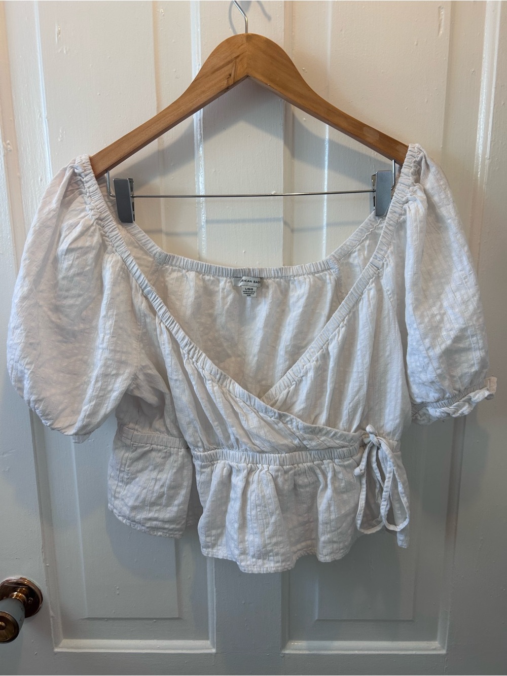 American Eagle Outfitters White Wrap Peplum Crop Blouse with Puff Sleeves